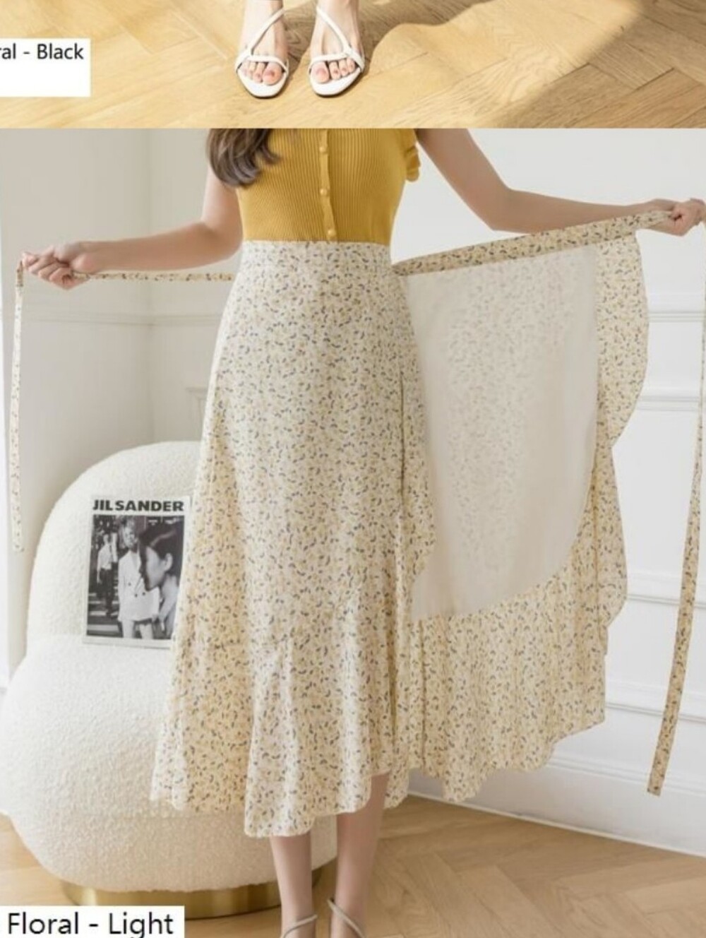 Light Yellow Floral Wrap Midi Skirt